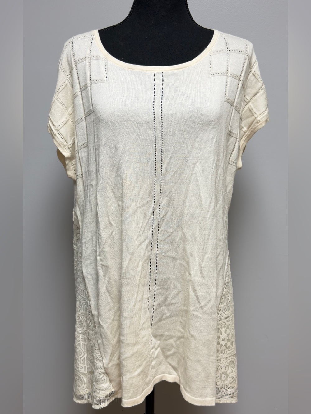 August Silk Cream Mixed Media Lace Knit Tunic Top Blouse Size XL NWT